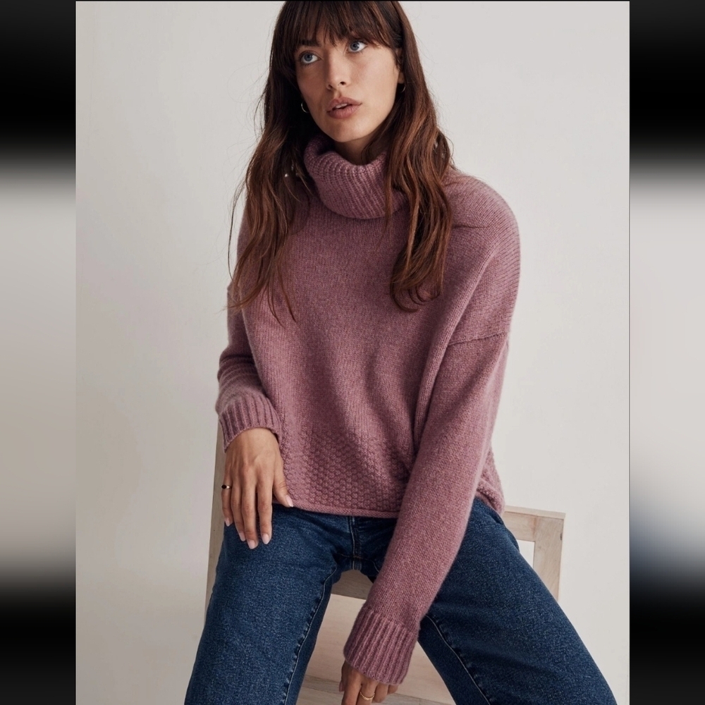 Madewell Pink Turtleneck Knit Sweater Sz S Merino Wool Blend Waffle Bottom
